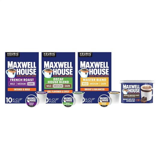 Maxwell House Coffee Pack – French Roast (Dark), Master Blend (Mild) & Decaf House Blend (Medium) K-Cup Pods, 30 Count + Suisse Mocha Café-Style Instant Beverage Mix, 7.2 oz (Variety Pack)