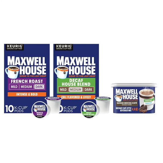 Maxwell House Coffee Pack – French Roast (Dark) & Decaf House Blend (Medium) K-Cup Pods, 20 Count + Sugar-Free Decaf Suisse Mocha Cafe-Style Instant Beverage Mix, 4.4 oz (Variety Pack)