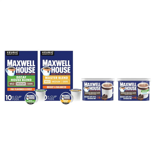 Maxwell House Coffee, Master Blend Mild K-Cup Pods and Suisse Mocha Instant Beverage Mix, Regular and Decaf Sugar-Free Options, Rich Smooth Flavor, Keurig Compatible, 20 Count (4-Item Variety Pack)
