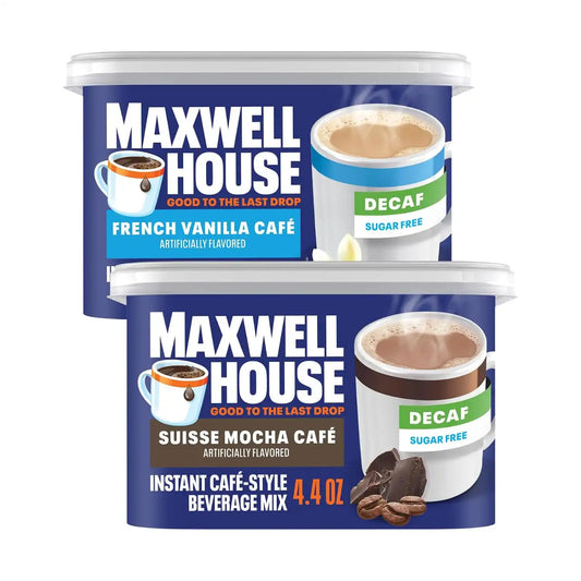 Maxwell House Decaf Instant Coffee Beverage Mix, Sugar Free Coffee Drink Mix, Café Style Instant Coffee, French Vanilla Café and Suisse Mocha Café, 4.3 to 4.4 Ounce (Variety Pack)
